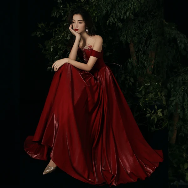 Chic / Belle Bordeaux Robe De Soirée 2020 Princesse Encolure Dégagée Faux Diamant Sans Manches Dos Nu Longue Robe De Ceremonie