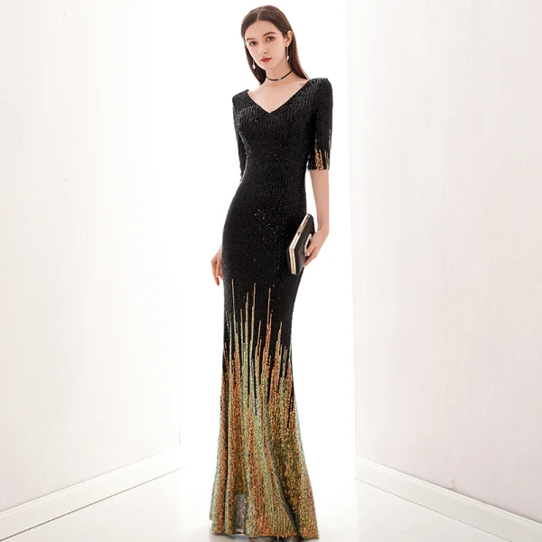 Charming Black Gold Evening Dresses 2020 Trumpet / Mermaid V-Neck Sequins 1/2 Sleeves Floor-Length / Long Formal Dresses Charming Black Gold Evening Dresses 2020 Trumpet / Mermaid V-Neck Sequins 1/2 Sleeves Floor-Length / Long Formal Dresses