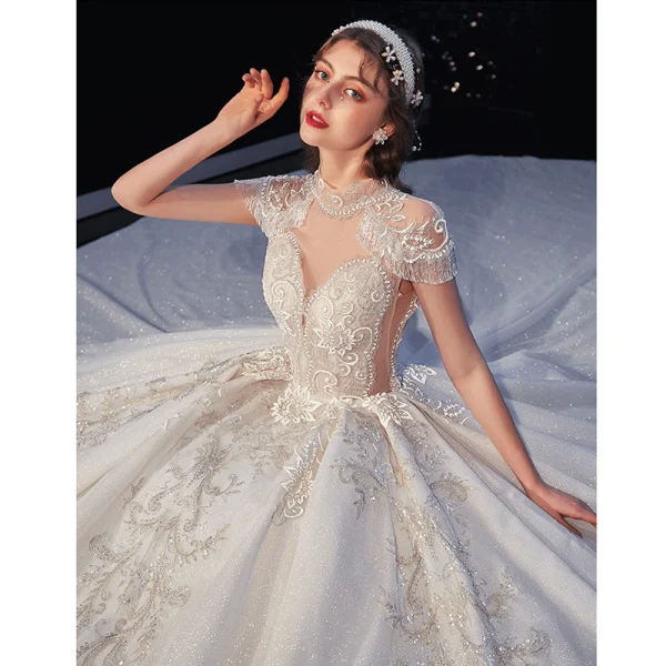Luxury / Gorgeous Champagne Glitter Wedding Dresses 2020 A-Line / Princess Scoop Neck Beading Tassel Rhinestone Lace Flower Short Sleeve Backless Royal Train