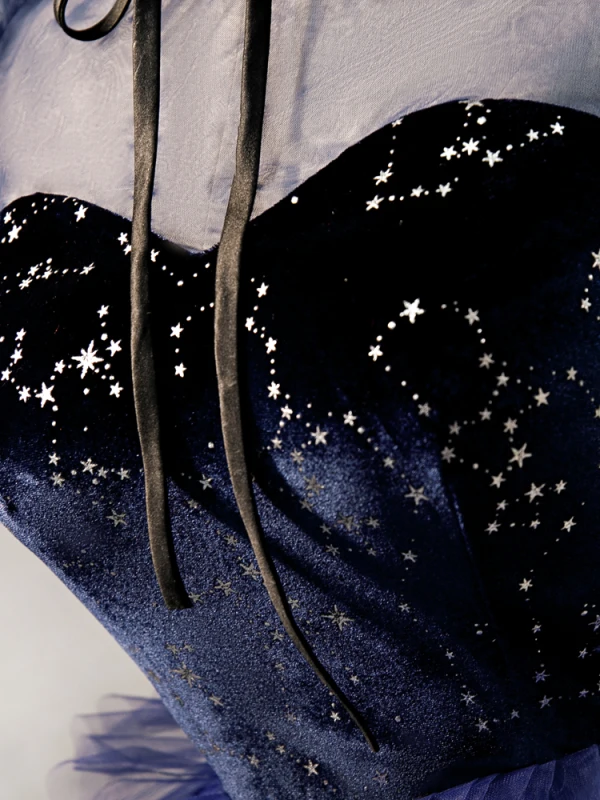 Fashion Navy Blue Homecoming Graduation Dresses 2020 A-Line / Princess Suede Bow High Neck Star Sequins Sleeveless Cascading Ruffles Knee-Length Formal Dresses