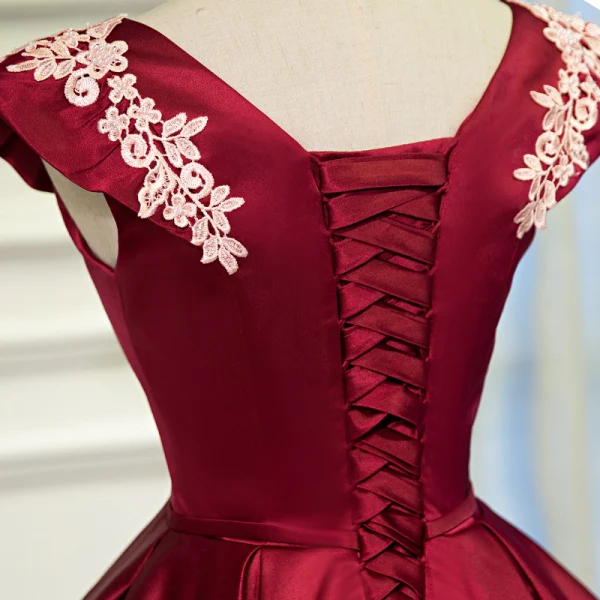 Chic / Beautiful Burgundy Party Dresses 2020 A-Line / Princess V-Neck Lace Flower Sleeveless Backless Short Formal Dresses