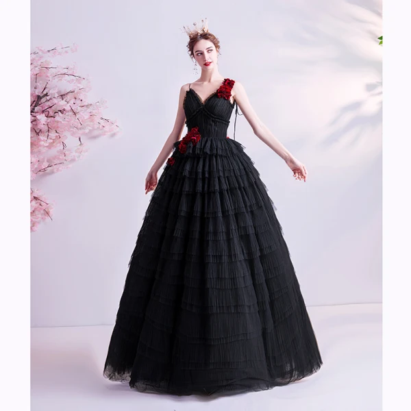 Chic Noire Volants Robe De Bal 2020 Princesse Bretelles Spaghetti Appliques Sans Manches Dos Nu Longue Robe De Ceremonie