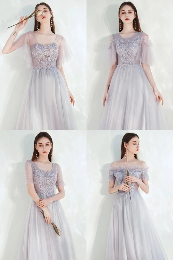 Modest / Simple Grey Bridesmaid Dresses 2021 A-Line / Princess Square Neckline Beading Lace Flower Short Sleeve Backless Floor-Length / Long Wedding Party Dresses