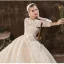 Elegant Ball Gown Champagne Empire Pregnant Wedding Dresses 2020 V-Neck Beading Sequins Lace Flower Long Sleeve Backless Cathedral Train