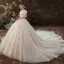 Elegante Champagner Ballkleid Brautkleider / Hochzeitskleider 2020 Eckiger Ausschnitt Perlenstickerei Pailletten Applikationen Kurze Ärmel Rückenfreies Kathedrale Schleppe
