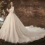 Charmant Champagne Robe De Mariée 2020 Princesse Encolure Dégagée Perlage Paillettes En Dentelle Fleur 3/4 Manches Dos Nu Cathedral Train