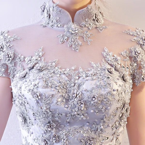 Chinese style Grey Evening Dresses  2018 A-Line / Princess Lace Appliques Crystal Pearl Sequins High Neck Backless Short Sleeve Floor-Length / Long Formal Dresses