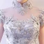 Chinese style Grey Evening Dresses  2018 A-Line / Princess Lace Appliques Crystal Pearl Sequins High Neck Backless Short Sleeve Floor-Length / Long Formal Dresses