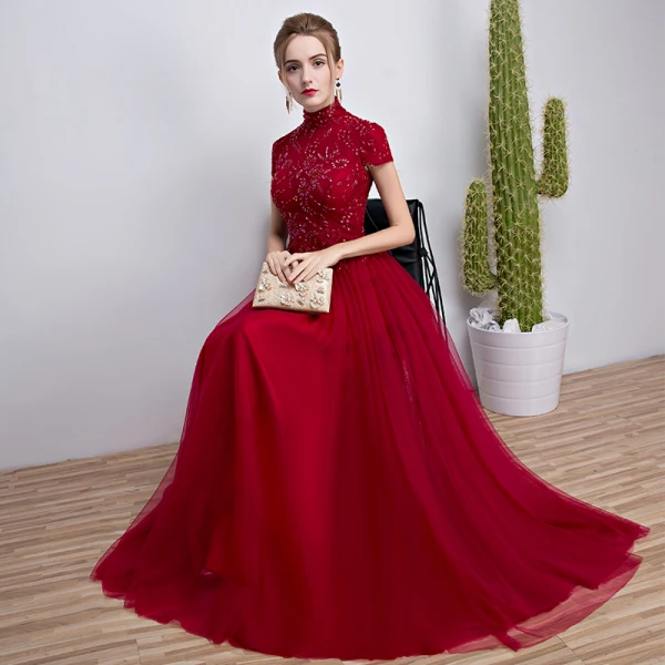 Chinese style Burgundy Evening Dresses 2018 A-Line / Princess Beading Crystal Sequins High Neck Short Sleeve Floor-Length / Long Formal Dresses