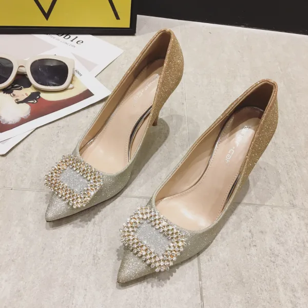 Glitzernden Charmant Farbverlauf Gold Abend Pumps 2020 Strass Pailletten 9 cm Stilettos Spitzschuh Pumps
