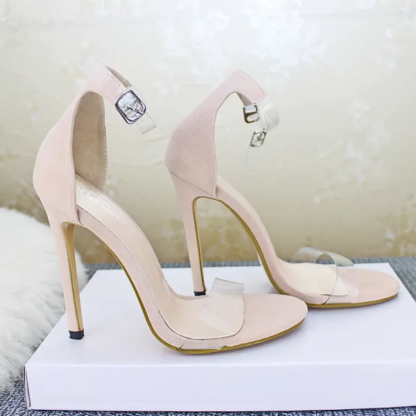 Sexy Beige Club de carnaval Sandales Femme 2020 Bride Cheville 11 cm Talons Aiguilles Peep Toes / Bout Ouvert Sandales