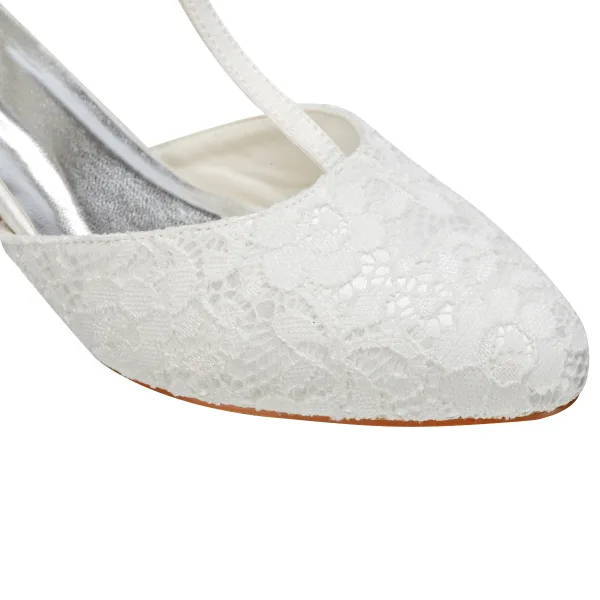 Elegant Ivory Satin Lace Wedding Shoes 2021 T-Strap 5 cm Thick Heels Pointed Toe Wedding High Heels