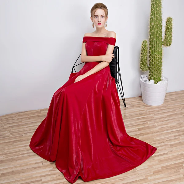 Modest / Simple Burgundy Evening Dresses 2018 A-Line / Princess Off-The-Shoulder Backless Sleeveless Floor-Length / Long Formal Dresses