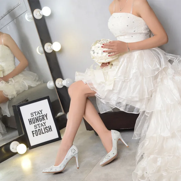 Stilig Sølv Brudesko 2020 Rhinestone Paljetter 9 cm Stiletthæler Spisse Bryllup Pumps