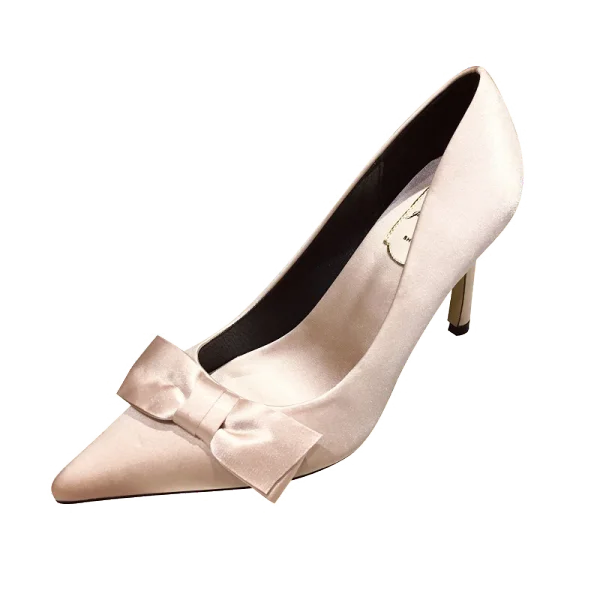 Elegante Beige Ball Satin Schleife Pumps 2020 9 cm Stilettos Spitzschuh Pumps