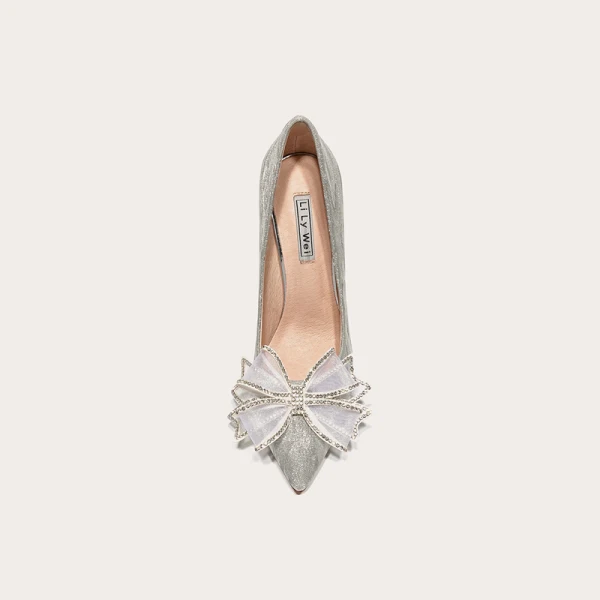 Charmig Silver Rhinestone Rosett Paljetter Brudskor 2021 Läder 10 cm Stilettklackar Spetsiga Bröllop Pumps Högklackade