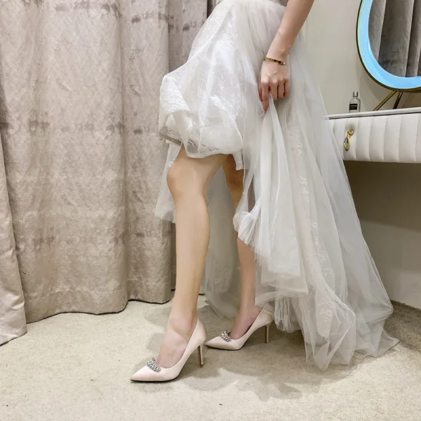 Mode Ivoire Faux Diamant Chaussure De Mariée 2020 Satin 9 cm Talons Aiguilles À Bout Pointu Mariage Escarpins