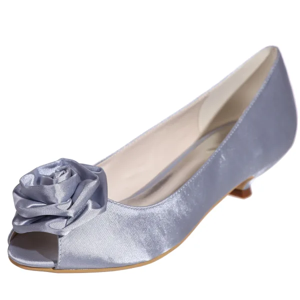 Elegancka Białe Na Wesele Buty Ślubne 2020 Satyna Kwiat 3 cm Niski Obcas Peep Toe Ślub Czółenka