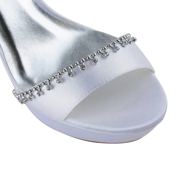 Sexy White Satin Prom Latin Dance Shoes 2021 Pearl Ankle Strap 10 cm Open / Peep Toe Womens Sandals High Heels