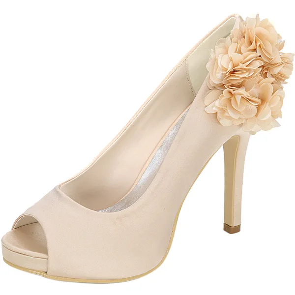 Elegant Ivory Prom Pumps 2020 Satin Appliques 11 cm Stiletto Heels Open / Peep Toe Pumps