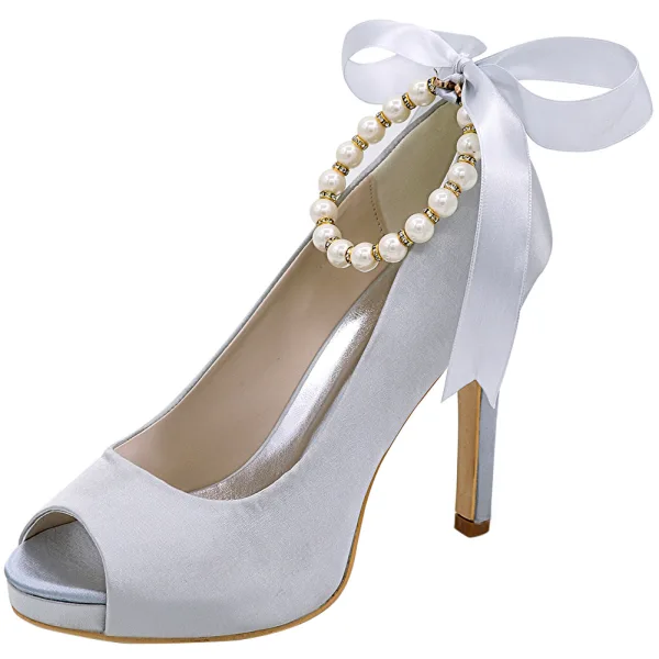 Edles Champagner Abend Satin Pumps 2020 Schleife Perle Knöchelriemen 11 cm Stilettos Peeptoes Pumps