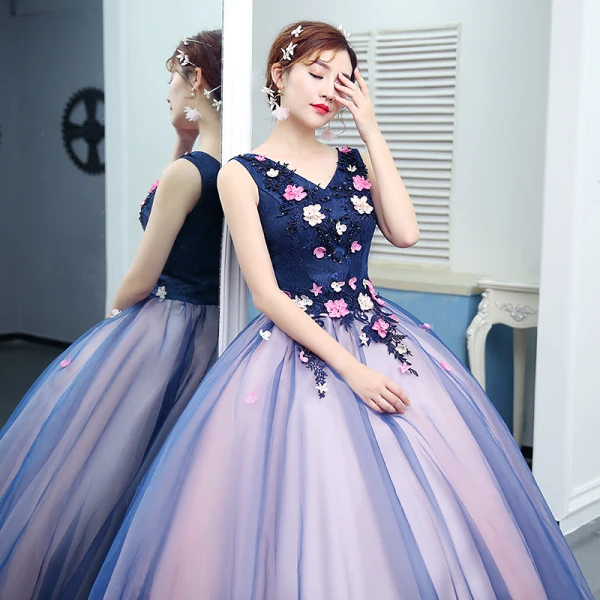 Traditional Navy Blue Prom Dresses 2020 Ball Gown V-Neck Beading Appliques Lace Flower Sleeveless Backless Floor-Length / Long Formal Dresses