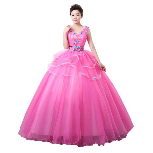 Flower Fairy Fuchsia Prom Dresses 2020 Ball Gown V-Neck Appliques Sleeveless Backless Floor-Length / Long Formal Dresses