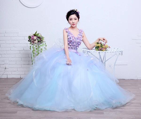 Charming Flower Fairy Sky Blue Prom Dresses 2020 Ball Gown V-Neck Pearl Lace Flower Appliques Sleeveless Backless Cascading Ruffles Floor-Length / Long