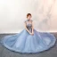 Élégant Bleu Ciel Robe De Bal 2020 Robe Boule Col Haut Perle En Dentelle Fleur Sans Manches Dos Nu Longue Robe De Ceremonie