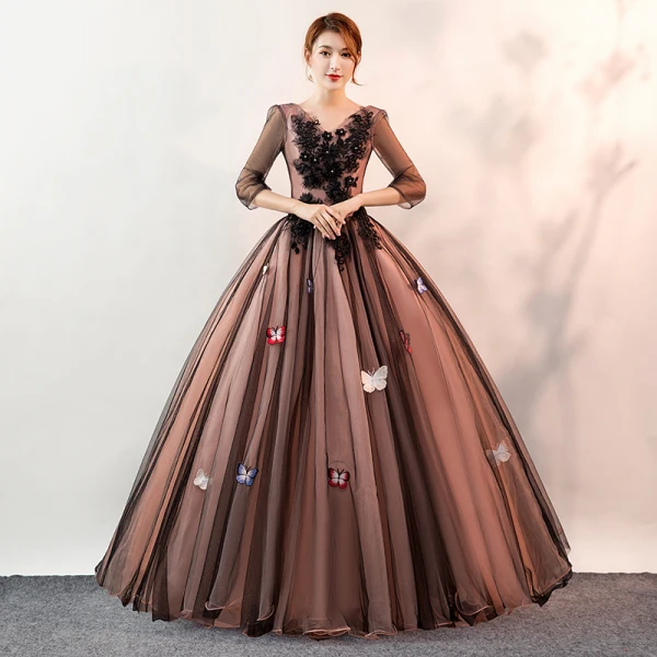 Elegant Black Prom Dresses 2020 Ball Gown V-Neck Butterfly Appliques Lace Flower 3/4 Sleeve Backless Floor-Length / Long Formal Dresses