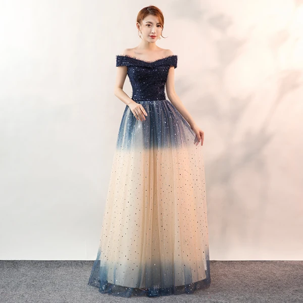 Fashion Gradient-Color Navy Blue Evening Dresses 2020 A-Line / Princess Off-The-Shoulder Lace Sequins Sleeveless Backless Floor-Length / Long Formal Dresses