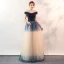 Fashion Gradient-Color Navy Blue Evening Dresses  2020 A-Line / Princess Off-The-Shoulder Lace Sequins Sleeveless Backless Floor-Length / Long Formal Dresses