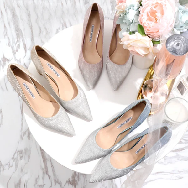 Bling Bling Farbverlauf Gold Brautschuhe 2020 Glanz Pailletten 6 cm Thick Heels Spitzschuh Hochzeit Pumps