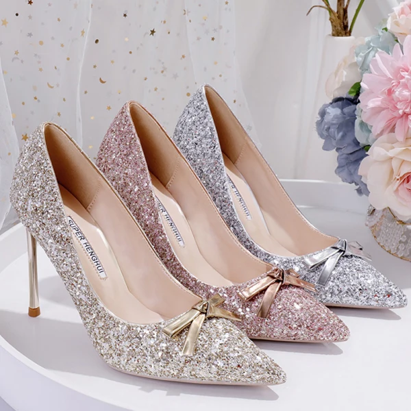 Błyszczące Szampan Buty Ślubne 2020 Kokarda Cekiny 10 cm Szpilki Szpiczaste Ślub Czółenka