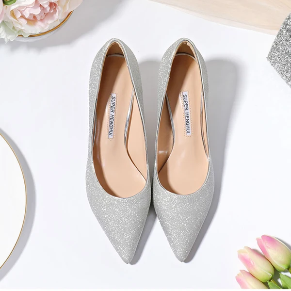 Sparkly Silver Evening Party Pumps 2020 Sequins 8 cm Stiletto Heels Pointed Toe Pumps