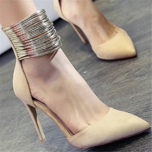 Mode Abend Leder Schwarz Damenschuhe 2020 Wildleder Gold Knöchelriemen 10 cm Stilettos Spitzschuh Pumps