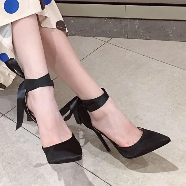 Schlicht Nude Strassenmode Damenschuhe 2020 Knöchelriemen Schleife 11 cm Stilettos Spitzschuh High Heels