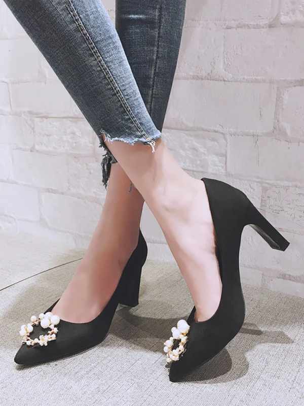 Chic / Beautiful Black Street Wear Pumps 2020 Pearl Rhinestone 8 cm Stiletto Heels Pointed Toe Pumps