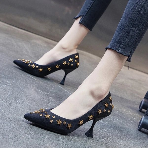 Mode Noire Soirée Escarpins 2020 Étoile Faux Diamant 5 cm Talons Aiguilles À Bout Pointu Escarpins