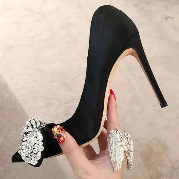 Charming Red Evening Party Satin Pumps 2020 Leather Rhinestone Bow 10 cm Stiletto Heels Pointed Toe Pumps