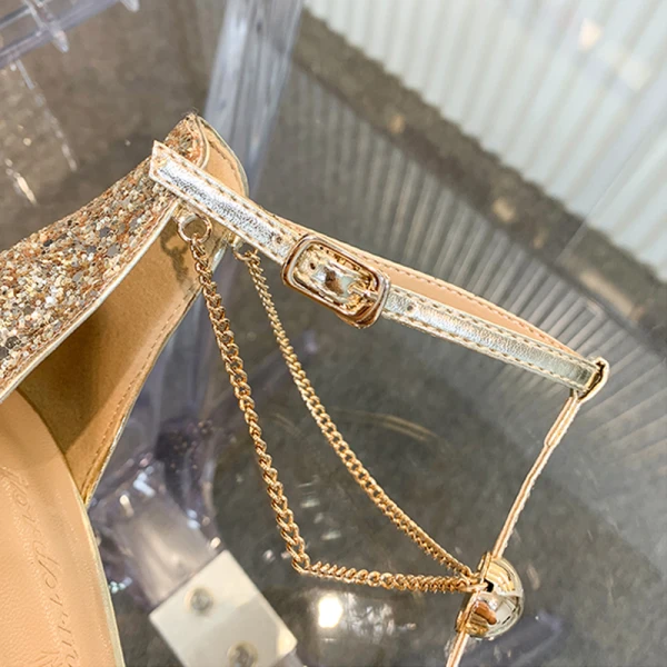 Glitzernden Gold Pailletten Brautschuhe 2020 Knöchelriemen 10 cm Stilettos Spitzschuh Hochzeit High Heels