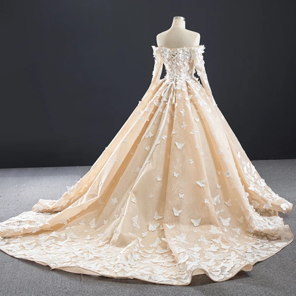 Luxury / Gorgeous Champagne Lace Butterfly Wedding Dresses 2020 A-Line / Princess Off-The-Shoulder Long Sleeve Backless Chapel Train