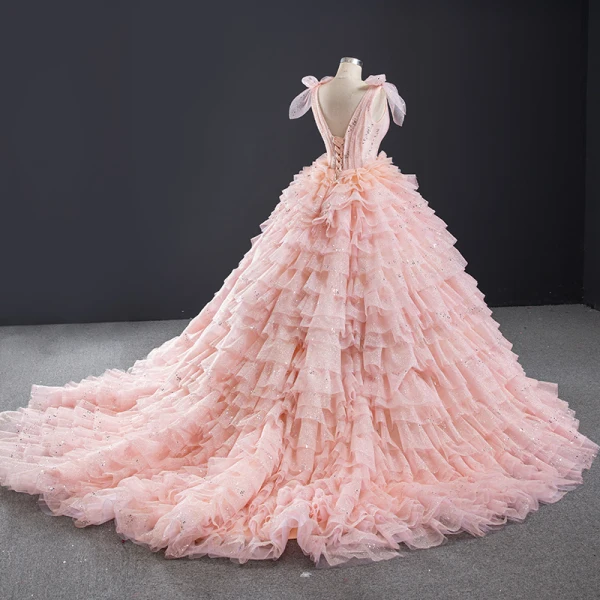 Luxury / Gorgeous Lovely Candy Pink Sequins Wedding Dresses 2023 Ball Gown Scoop Neck Sleeveless Backless Cascading Ruffles Chapel Train