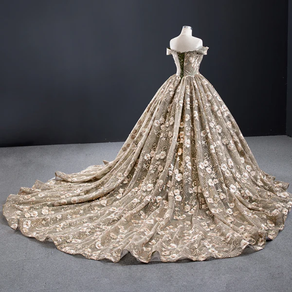 High-end Khaki Prom Dresses 2023 Ball Gown Off-The-Shoulder Handmade Beading Pearl Sequins Lace Flower Sleeveless Backless Royal Train
