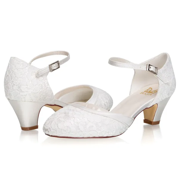 Simple Ivoire En Dentelle Satin Chaussure De Mariée 2021 5 cm Talons Épais À Bout Rond Mariage Talons Hauts