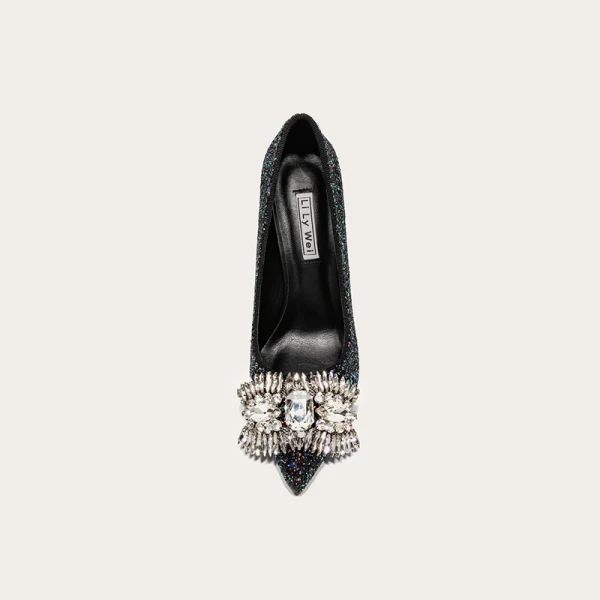 Scintillantes Noire Soirée Paillettes Faux Diamant Escarpins 2021 Cuir 10 cm Talons Aiguilles À Bout Pointu Escarpins Talons Hauts