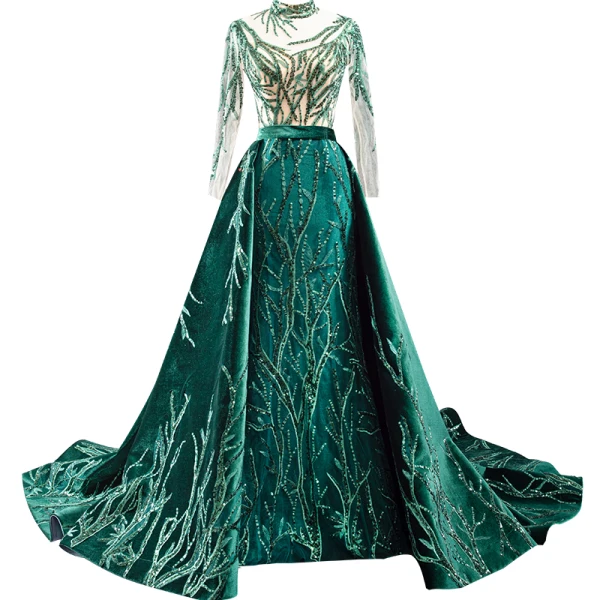 Haut de Gamme Vert Foncé Daim Robe De Soirée 2023 Trompette / Sirène Col Haut Fait main Perlage Paillettes En Dentelle Manches Longues Dos Nu Watteau Train Robe De Ceremonie