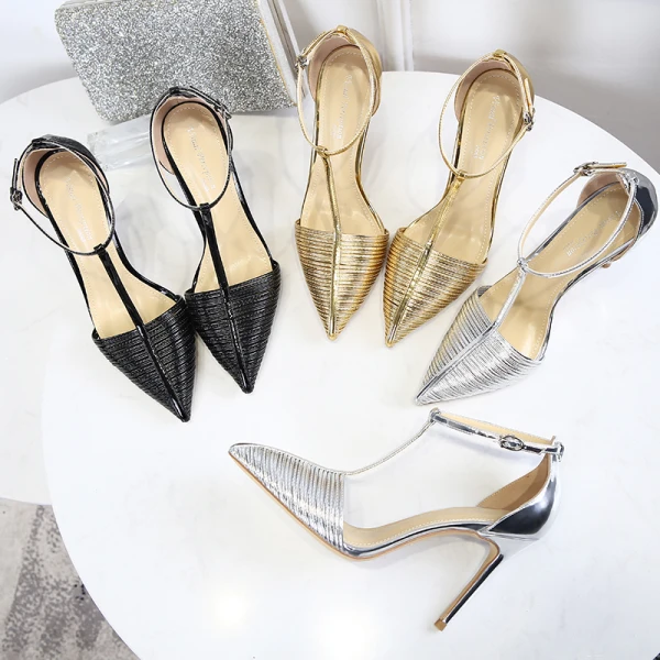 Chic / Beautiful Silver Evening Party Leather Womens Shoes 2020 Patent Leather T-Strap 10 cm Stiletto Heels Pointed Toe Heels