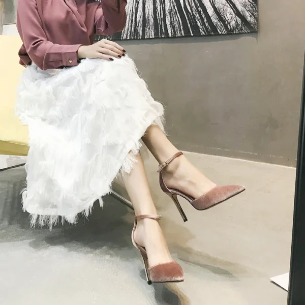 Chic / Beautiful Blushing Pink Dancing Suede Womens Shoes 2020 Ankle Strap 10 cm Stiletto Heels Pointed Toe Heels
