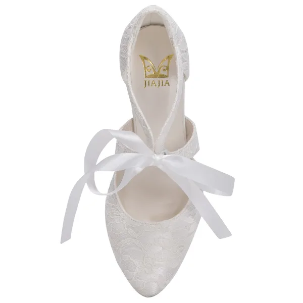 Elegant Ivory Satin Lace Wedding Shoes 2021 Bow 8 cm Stiletto Heels Pointed Toe Wedding High Heels